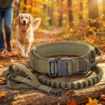 DKM Obroża taktyczna dla psa ze smyczą bungee, nylon 1680D, klamra QR, M 34-44 cm – khaki