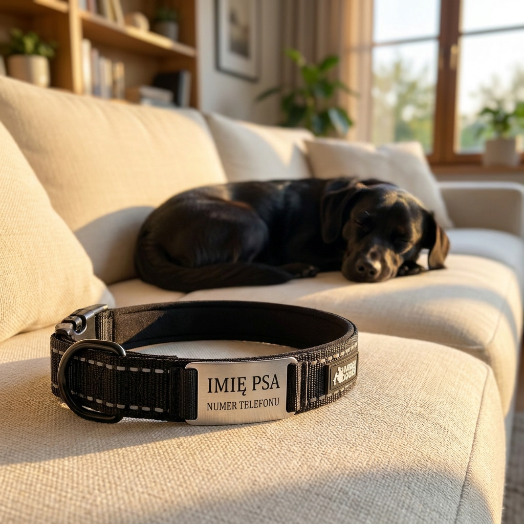 HUGGY DOGGY Obroża dla psa z grawerem XS 25-30 cm, neoprenowa, odblaskowa – czarna