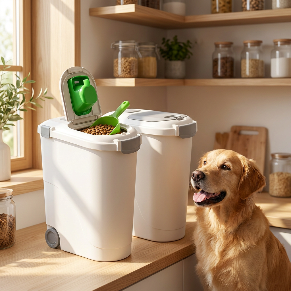 Pojemnik na karmę 32 l na kółkach z miarką i uchylną klapą – plastikowy, dla psa i kota