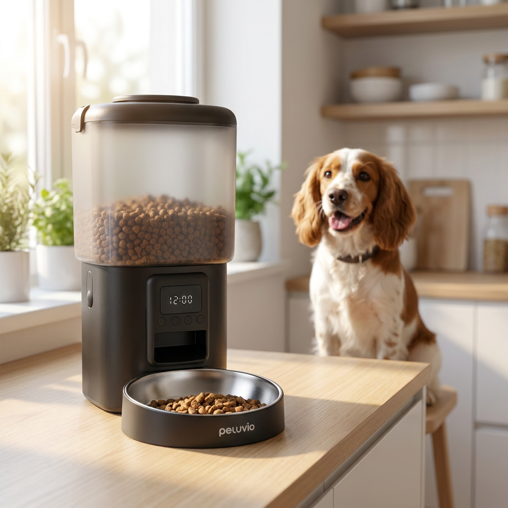 Peluvio Crispy automatyczny podajnik karmy suchej dla psa 4,5 l z miską ze stali i LCD