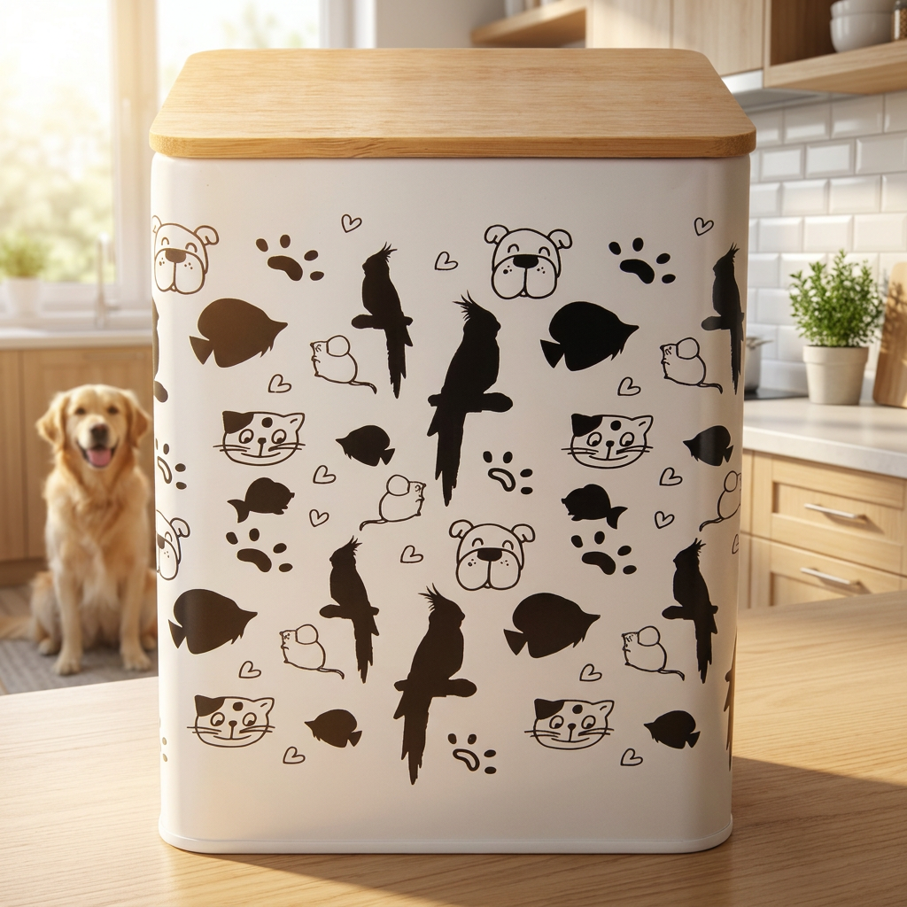 Metalowy pojemnik na karmę i smakołyki 1,7 l z bambusową pokrywą dla psa i kota – biały