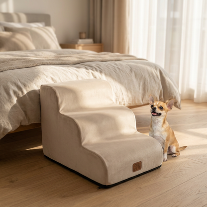 Enso Pets Schodki dla psa 40 cm do łóżka i kanapy, 3 stopnie, pianka, sztruks – beżowe