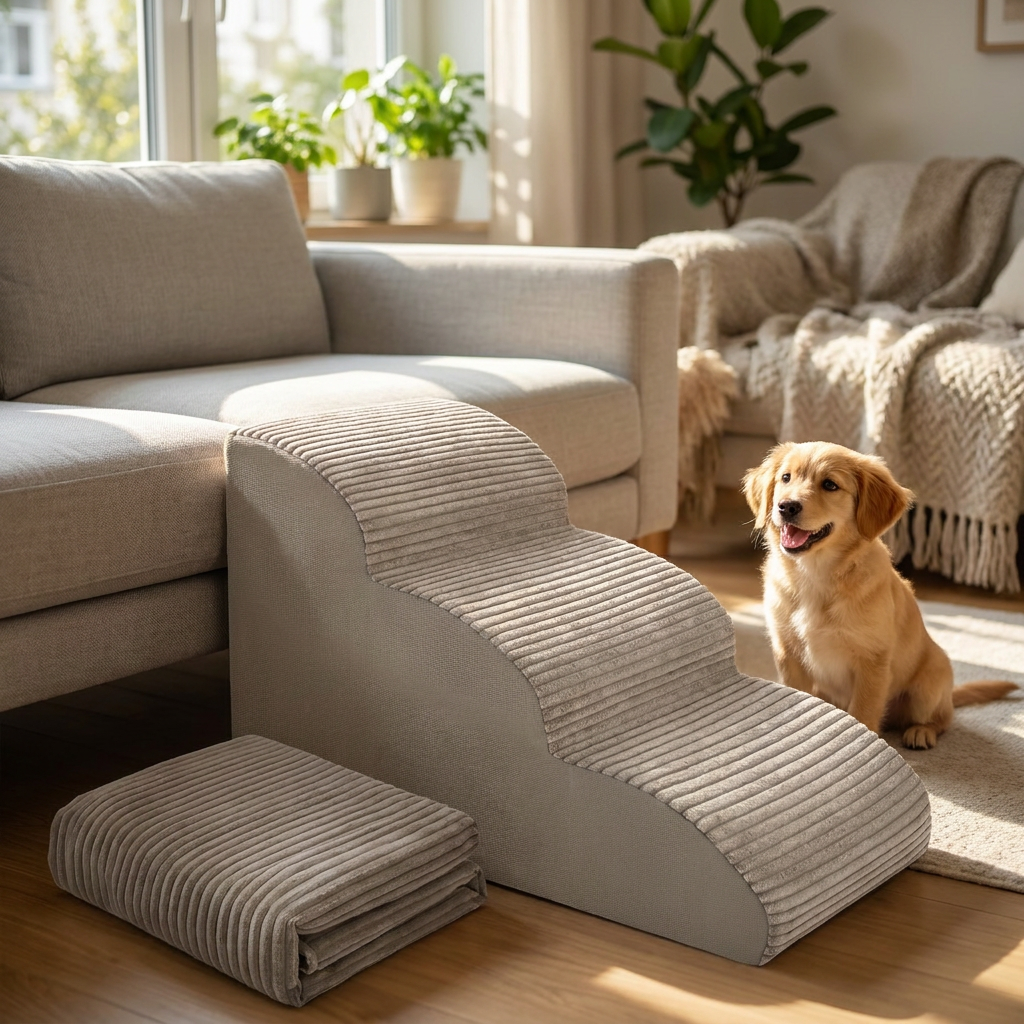 Dogguru Pokrowiec na schodki dla psa 3 stopnie 60x30x40 cm, poliester, zamek – beżowy
