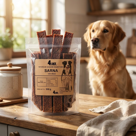 4PET Przysmak dla psa paski mięsne z sarny 500 g – 100% mięsa, naturalny gryzak