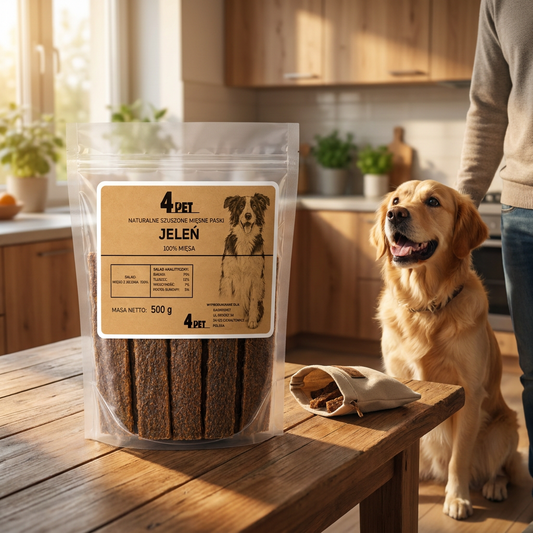 4PET Przysmak dla psa paski mięsne z jelenia 500 g – 100% mięsa, suszone, bez zbóż