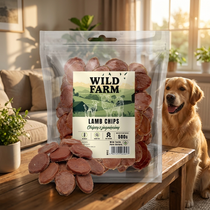 Wild Farm Chipsy z jagnięciny dla psa 500 g – 90% mięsa, przysmak treningowy