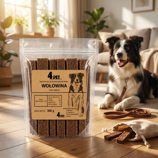 4PET Przysmak dla psa paski wołowe 500 g – 100% mięso, suszony, bez zbóż