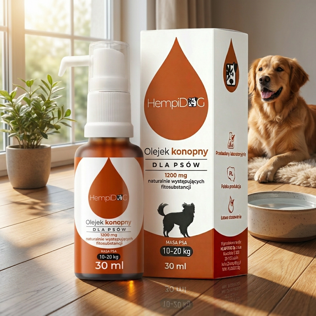 Hempidog olejek konopny CBD dla psa 10-20 kg, 1200 mg, 30 ml – z olejem z ryb i pompką