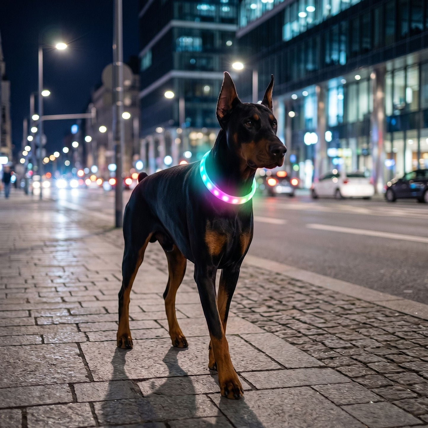 Medium-sized dog wearing a silicone LED collar with nine modes in an urban night scene, emphasizing safety and visibility.