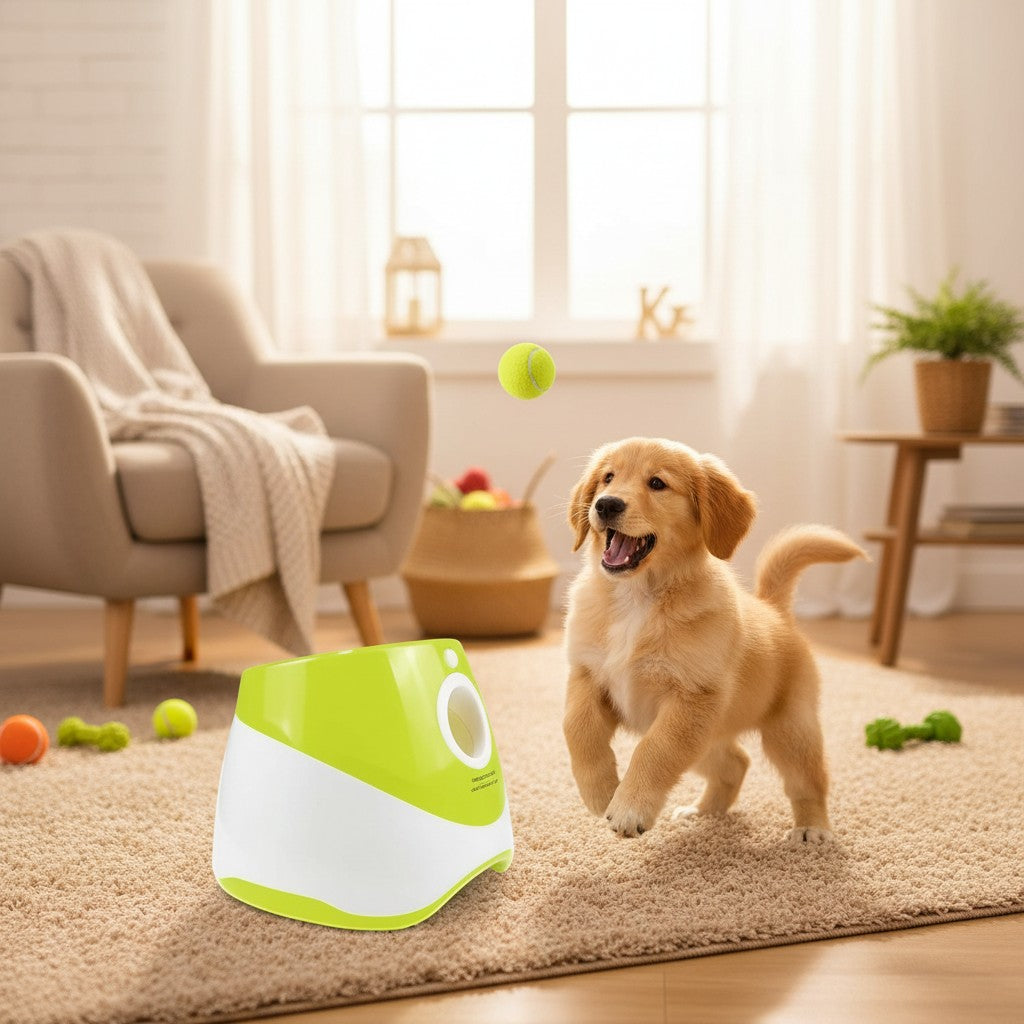 Milleo automatic dog ball launcher in green and white, with a woman and a dog playing fetch in a park.
