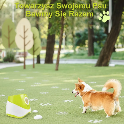 Milleo automatic dog ball launcher in green and white, with a woman and dog playing fetch in a park.