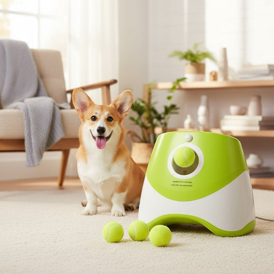 Milleo automatic dog ball launcher with three tennis balls and a happy corgi dog. Green and white plastic toy.