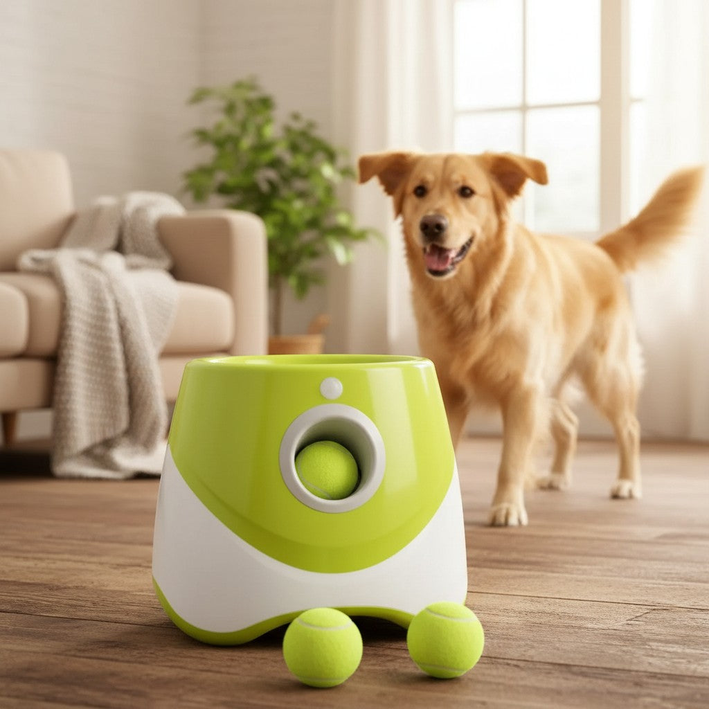Milleo automatic pet ball launcher for large dogs, green and white plastic, includes three tennis balls for indoor/outdoor play.