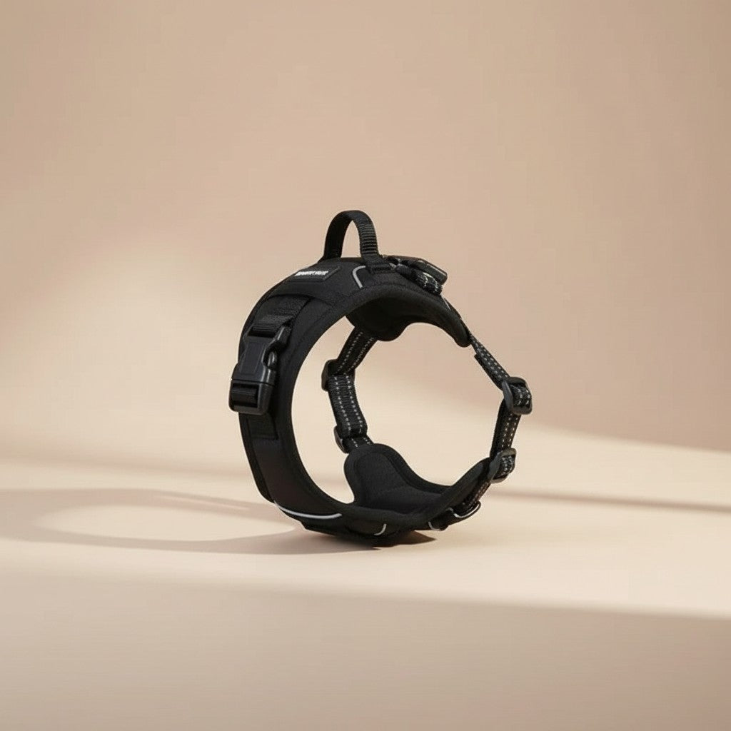 Milleo black adjustable nylon dog harness with reflective strips and padded comfort. Features a top handle and D-ring for leash attachment.