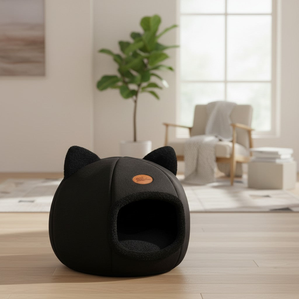 Milleo black soft cotton cat bed with ears, cave-style design for cozy sleep.