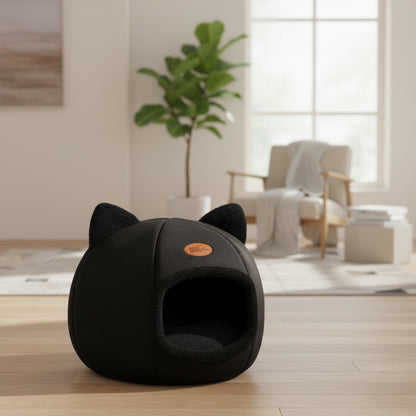 Milleo black soft cotton cat bed with ears, cave-style design for cozy sleep.