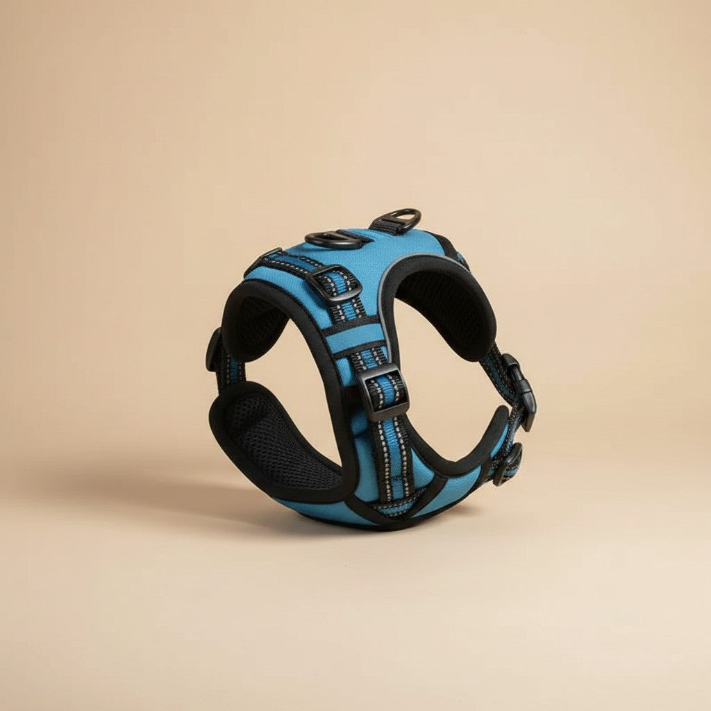 Milleo blue adjustable nylon dog harness with reflective strips and padded interior for comfort and visibility.