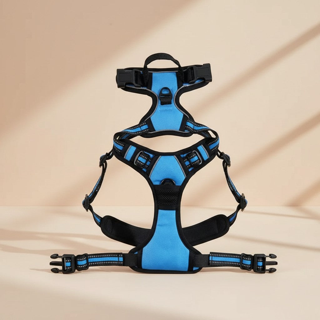 Milleo blue adjustable nylon dog harness with reflective strips and padded comfort