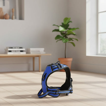 Milleo blue adjustable nylon dog harness with reflective stripes and padded chest for comfort and visibility.
