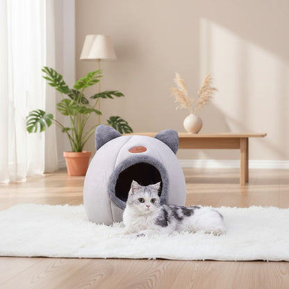 Milleo grey and white cat bed, soft cotton cave design with ear details, perfect for small pets.