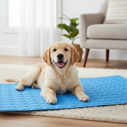 Milleo blue cooling mat for dogs and cats, made of durable jean material, easy to clean, perfect for hot weather.