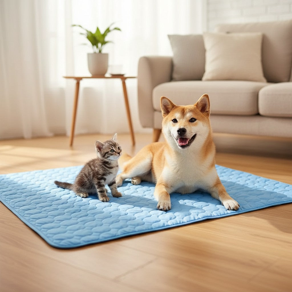 Milleo light blue cooling mat for dogs and cats, made of durable, easy-to-clean jean material.