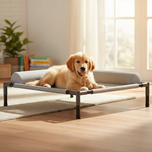 Milleo grey elevated mesh dog bed with pillow, breathable nylon, for indoor/outdoor use.