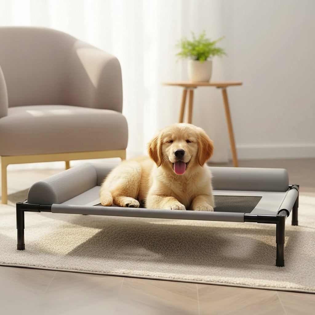 Milleo grey nylon elevated dog bed with bolster pillow and mesh center, ideal for indoor/outdoor use.