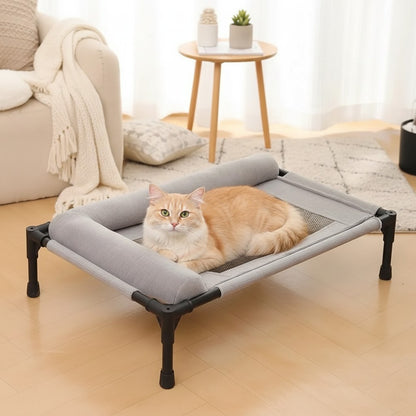 Milleo grey elevated mesh pet bed with cushion for dogs and cats, breathable and easy to clean.