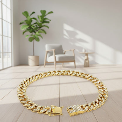 Milleo gold cuban link dog collar with crystals, stainless steel, adjustable for small dogs.