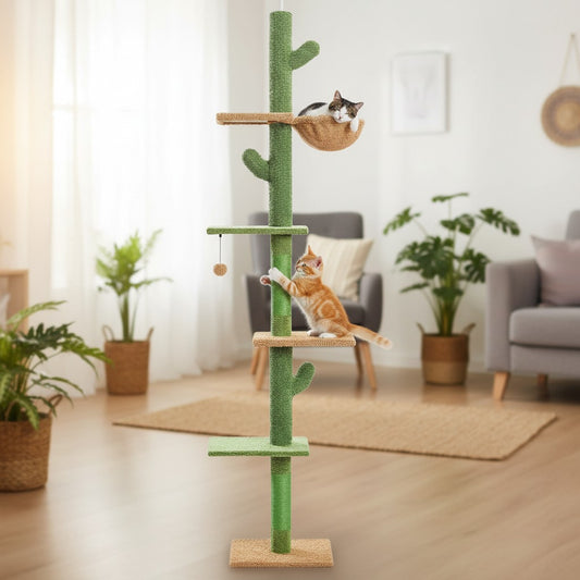 Milleo green cactus-shaped cat tree with 5 levels, hammock, scratching posts, and toy ball. Features wooden construction and sisal rope.