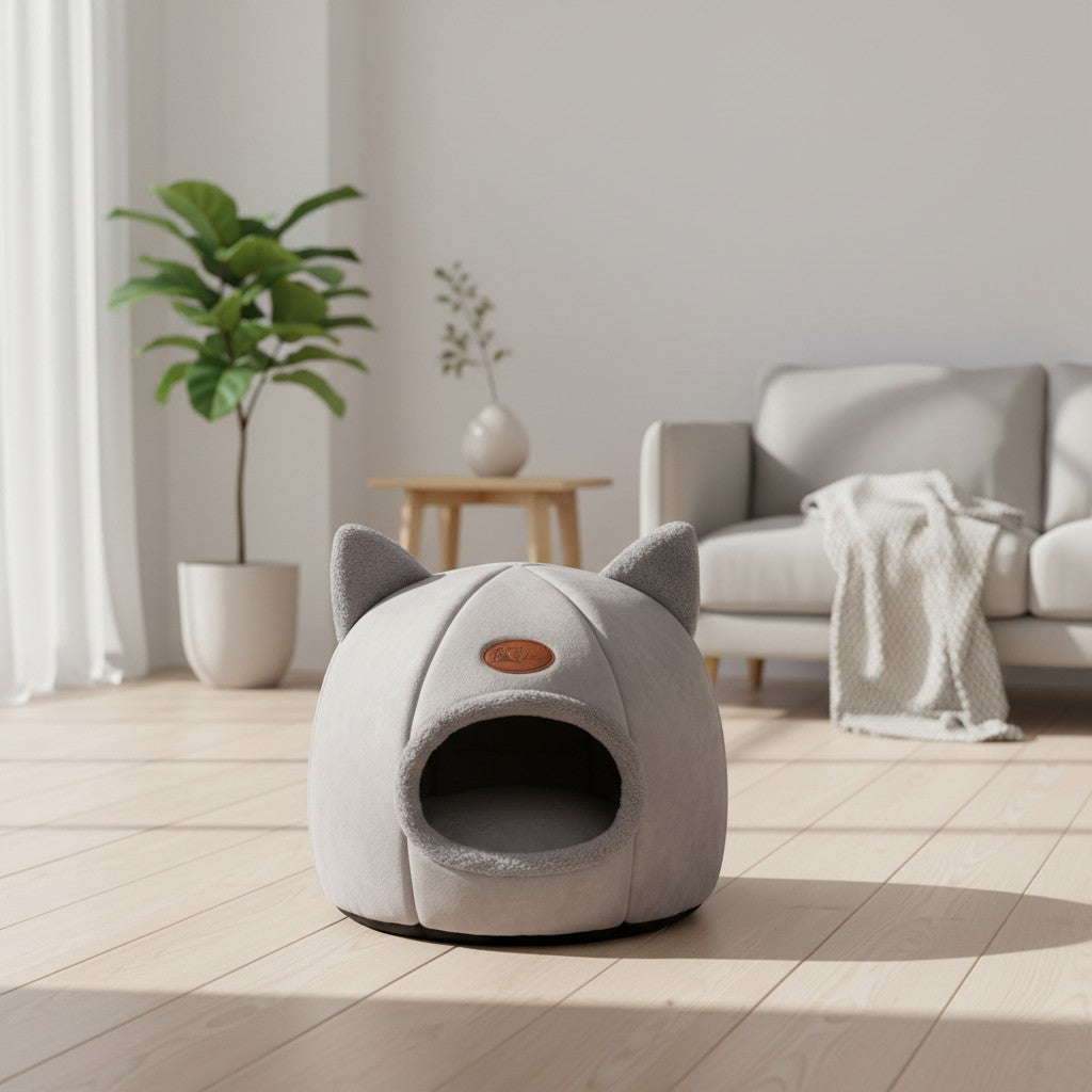 Milleo grey soft cotton cat bed with ears, cave-style design for cozy sleeping.