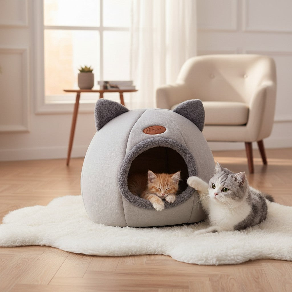 Milleo soft grey cat bed with ears, cave-style design, made of 100% cotton for warmth and comfort.