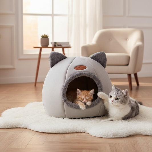 Milleo soft grey cat bed with ears, cave-style design, made of 100% cotton for warmth and comfort.