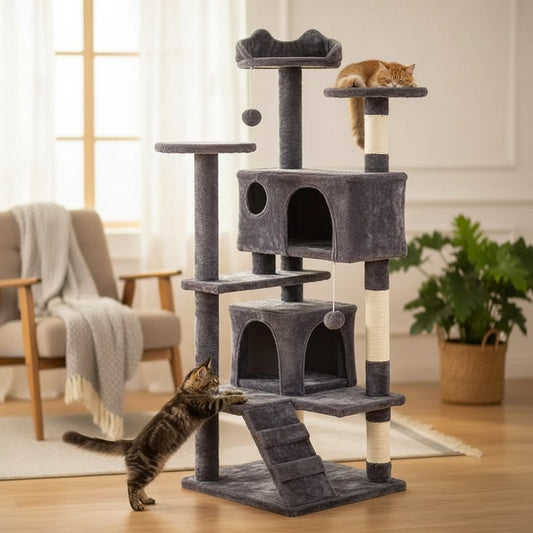 Milleo three-tier grey plush cat tree with two condos, scratching posts, and hanging toys. Features multiple platforms and a ladder.