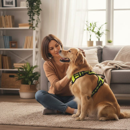 Milleo adjustable neon green nylon dog harness with reflective strips and black trim. Features padded straps and a quick-release buckle.