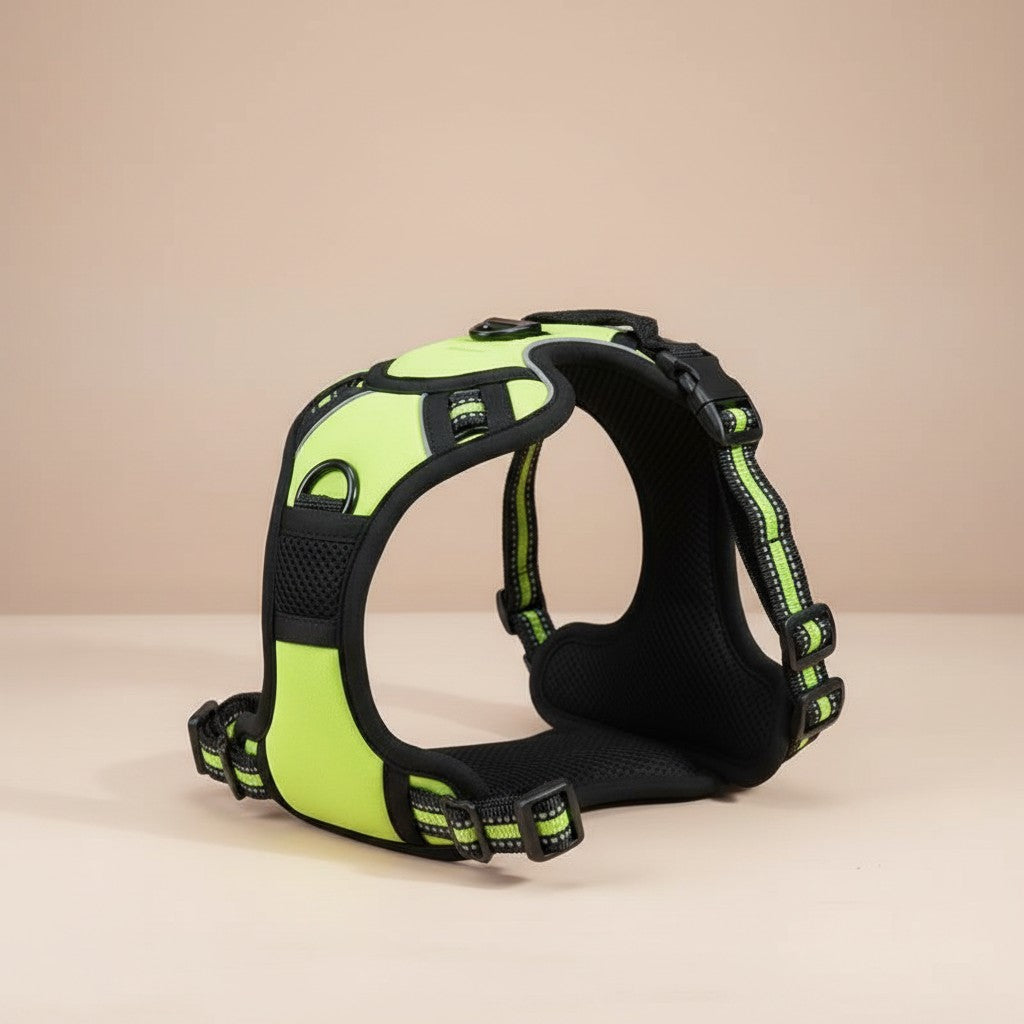 Milleo adjustable neon green nylon dog harness with reflective strips and padded mesh for comfort.