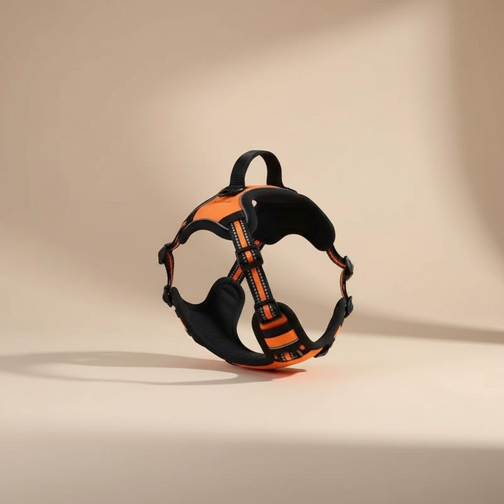 Milleo adjustable orange nylon dog harness with reflective strips and padded interior for comfort.