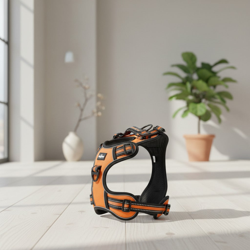 Milleo orange nylon dog harness with reflective stripes and padded chest strap. Adjustable and durable for no-pull walking.