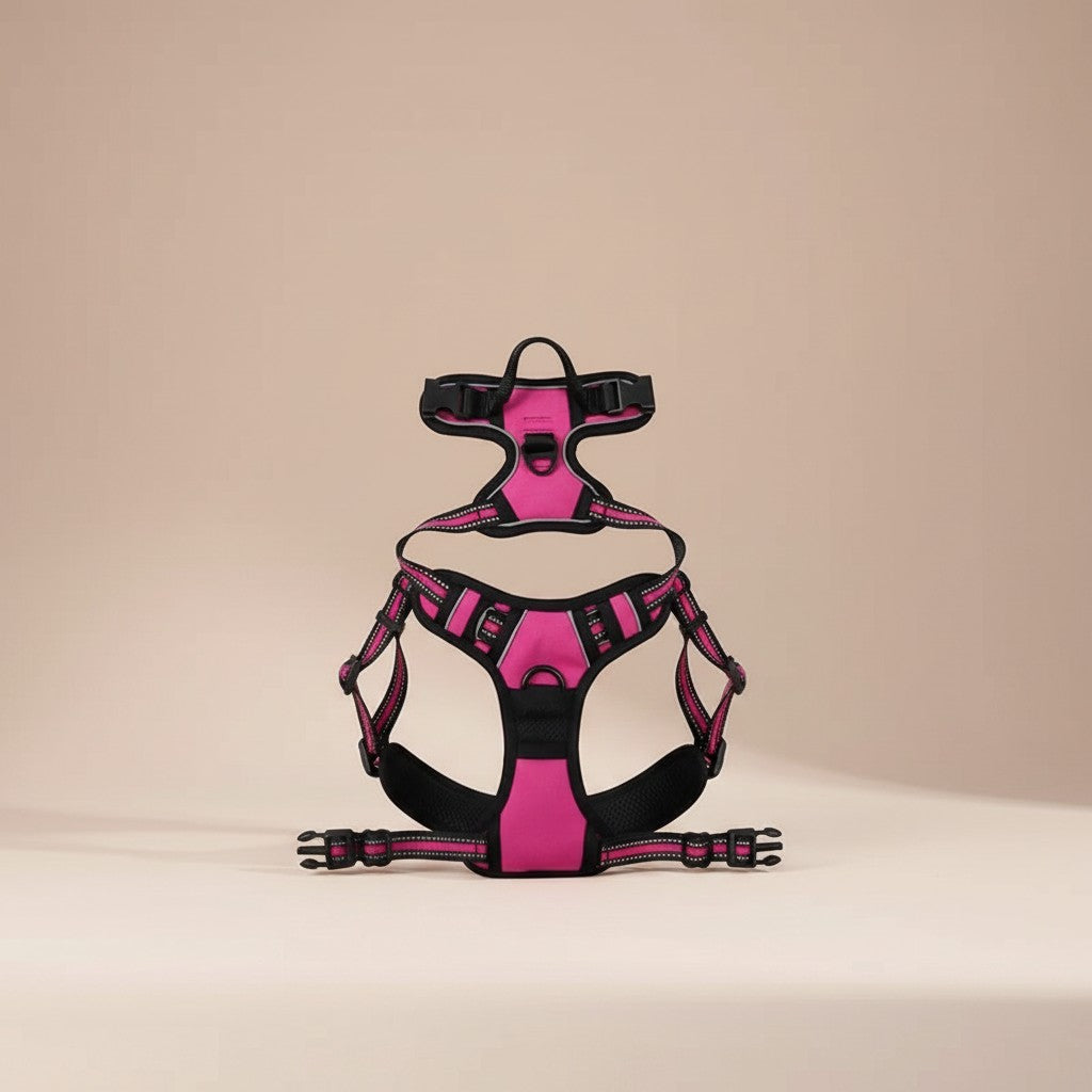 Milleo adjustable pink nylon dog harness with reflective strips and padded comfort