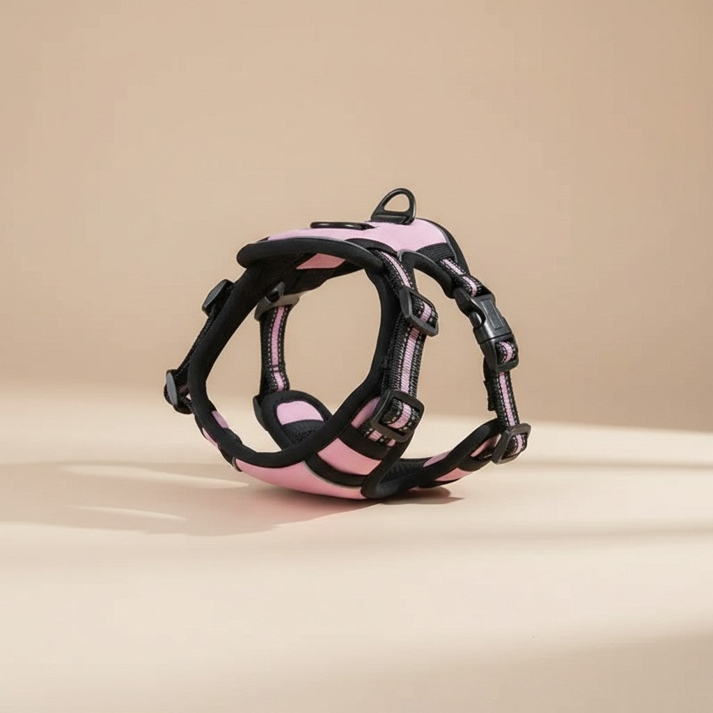 Milleo pink adjustable nylon dog harness with reflective strips and padded comfort.