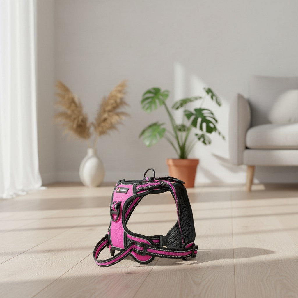 Milleo adjustable pink nylon dog harness with reflective trim and padded chest for comfort and visibility.