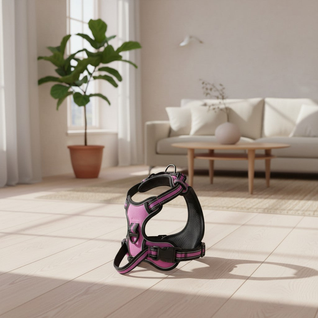 Milleo pink adjustable nylon dog harness with reflective stripes and padded chest for comfort and visibility.