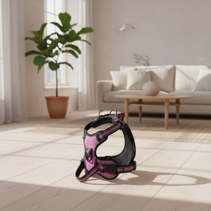 Milleo pink adjustable nylon dog harness with reflective stripes and padded chest for comfort and visibility.