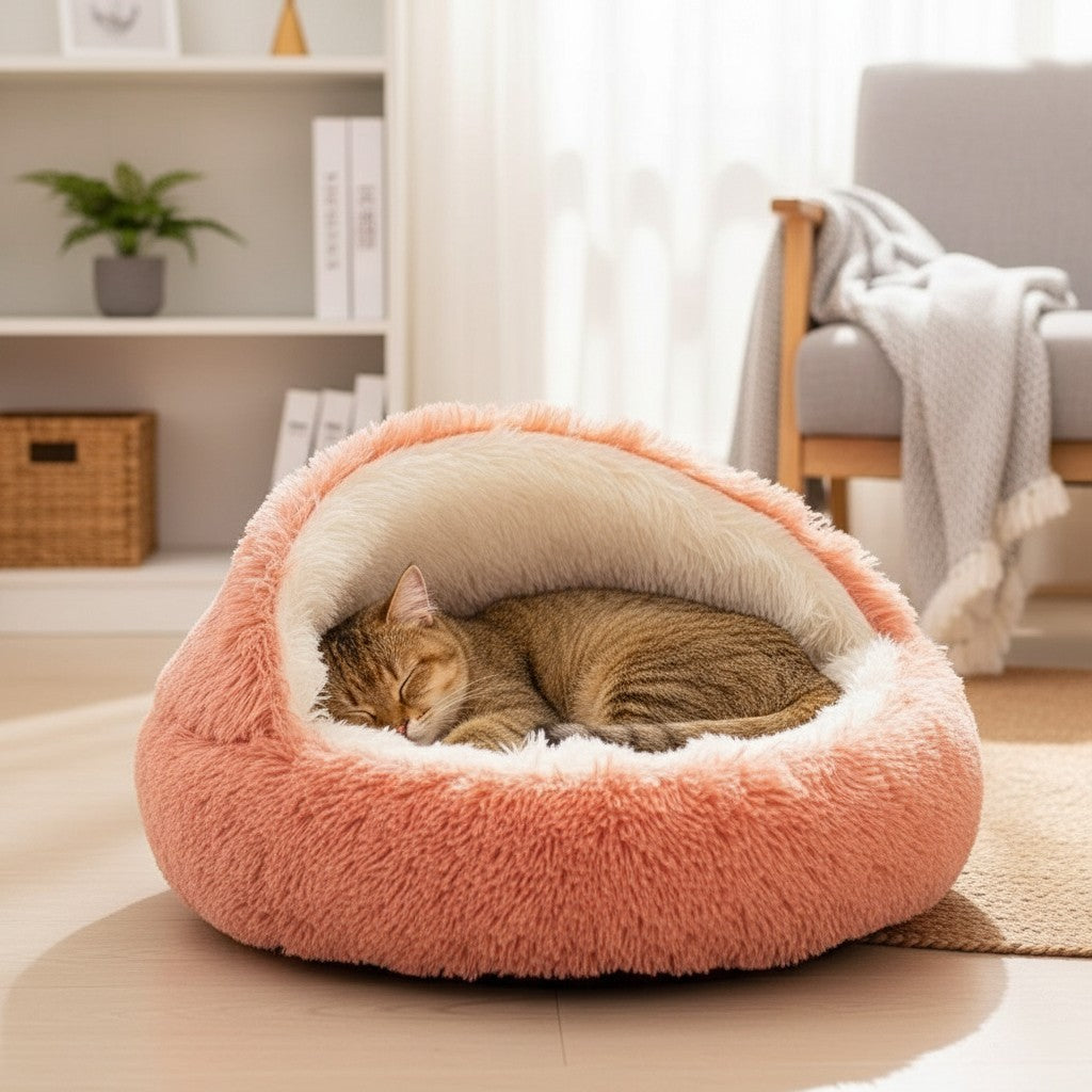 Milleo plush pet bed, soft coral pink exterior with cream interior, round shape, 2-in-1 design for open lounging or cozy den.