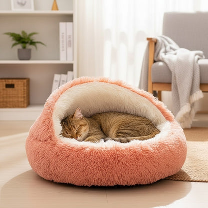 Milleo plush pet bed, soft coral pink exterior with cream interior, round shape, 2-in-1 design for open lounging or cozy den.