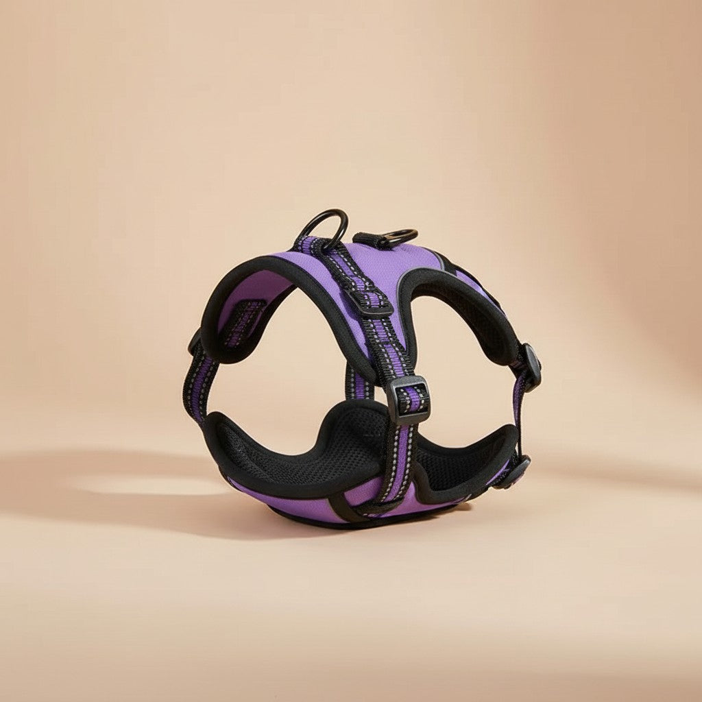 Milleo adjustable purple nylon dog harness with reflective strips and padded comfort.