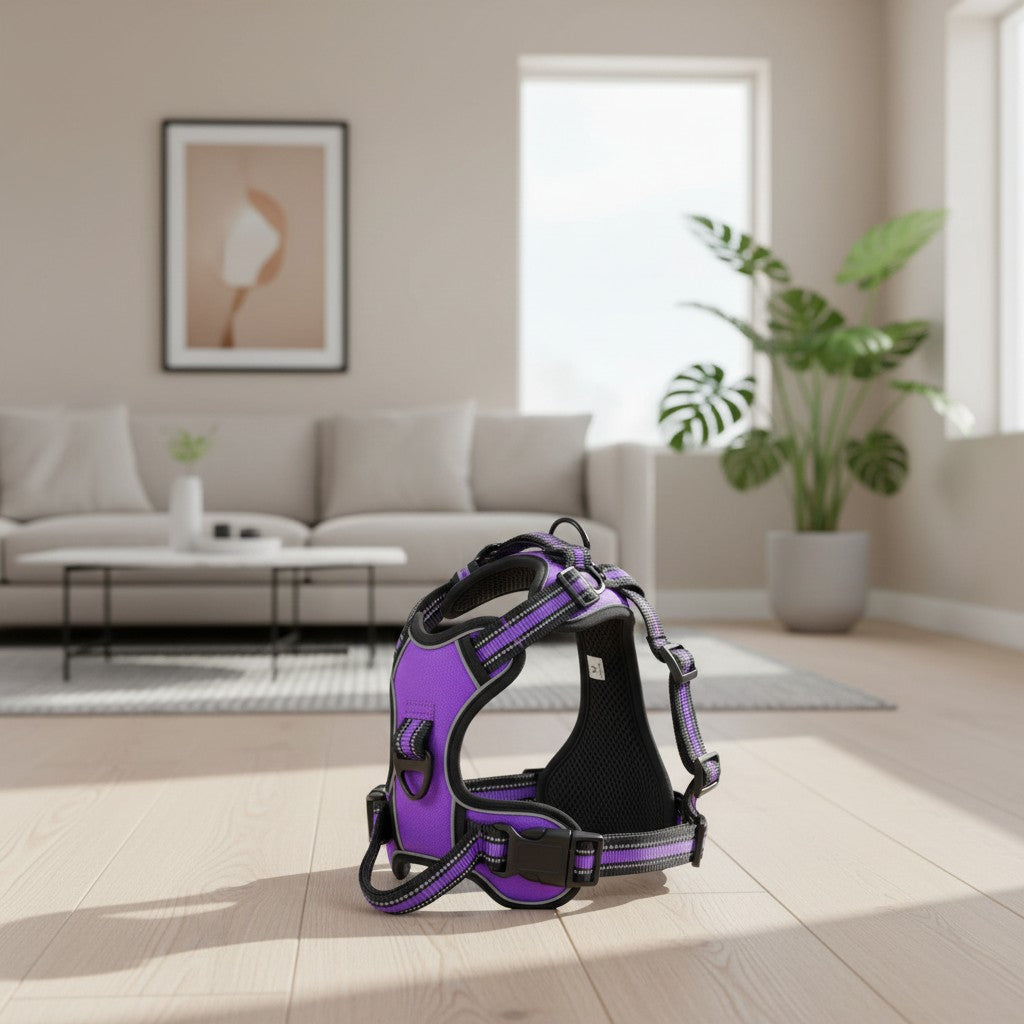 Milleo purple nylon dog harness with reflective stripes, adjustable, padded, and no-pull design.