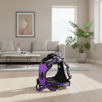Milleo purple nylon dog harness with reflective stripes, adjustable, padded, and no-pull design.