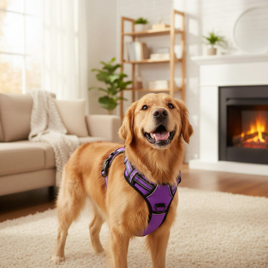 Milleo purple adjustable nylon dog harness with reflective strips and padded chest for comfort and control.